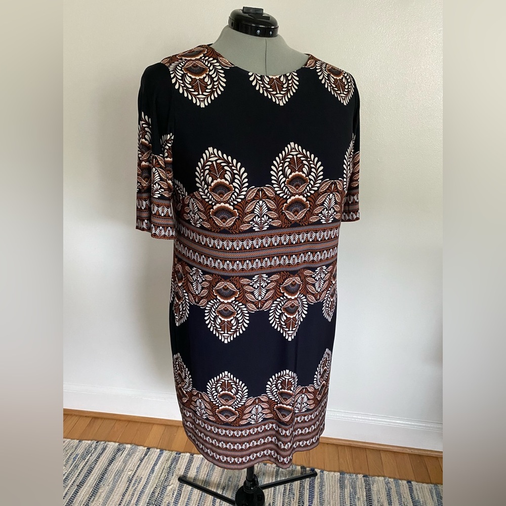 INC International Concepts Black Midi Dress with Brown and White Pattern